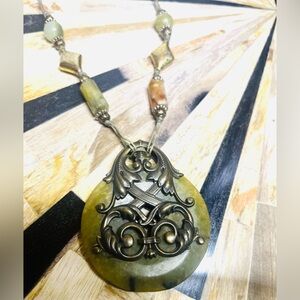 Vintage Gemstone Baroque Green Statement Necklace • Ornate Artisan Boho Pendant